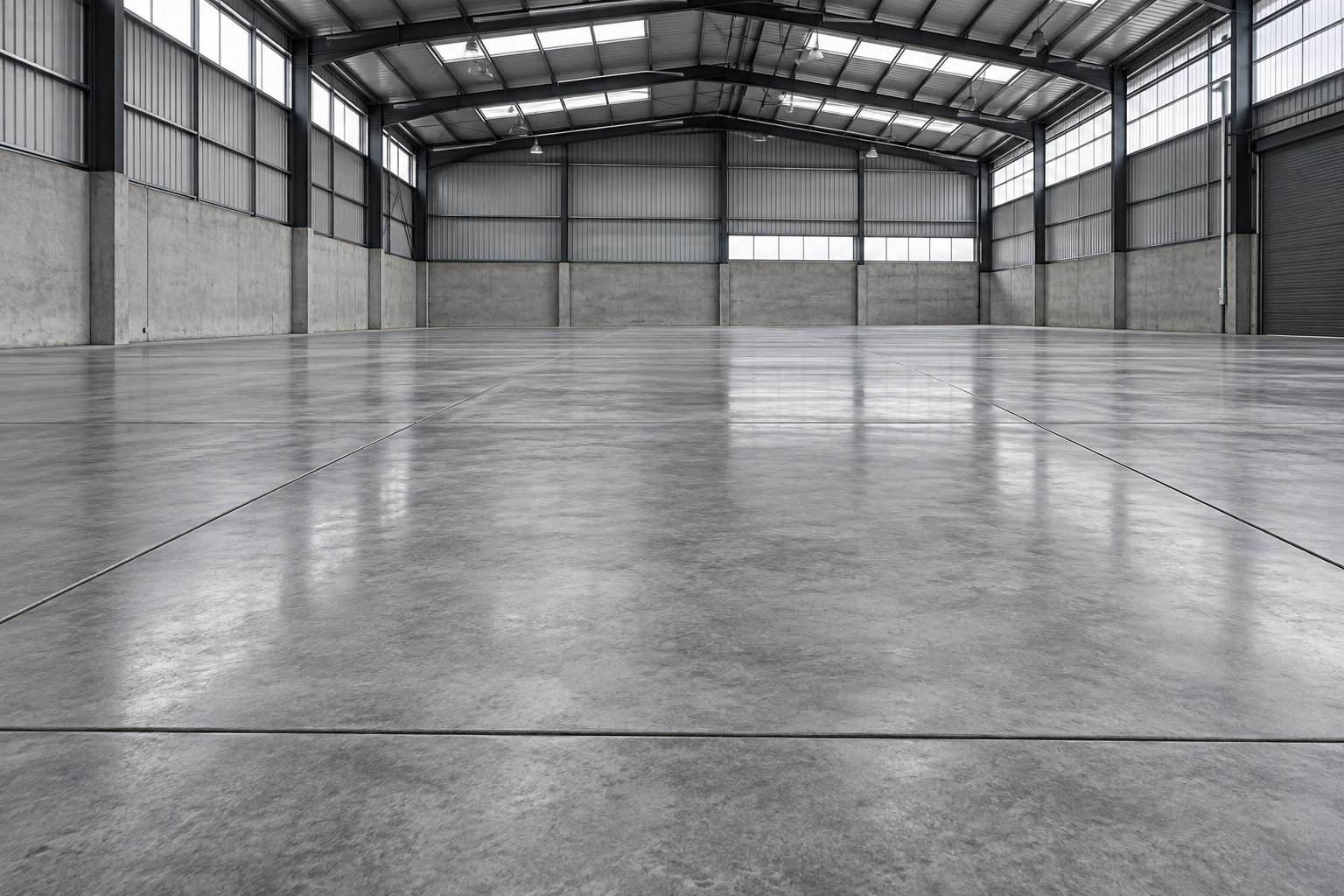 Nave industrial vacía con losa de hormigón terminada