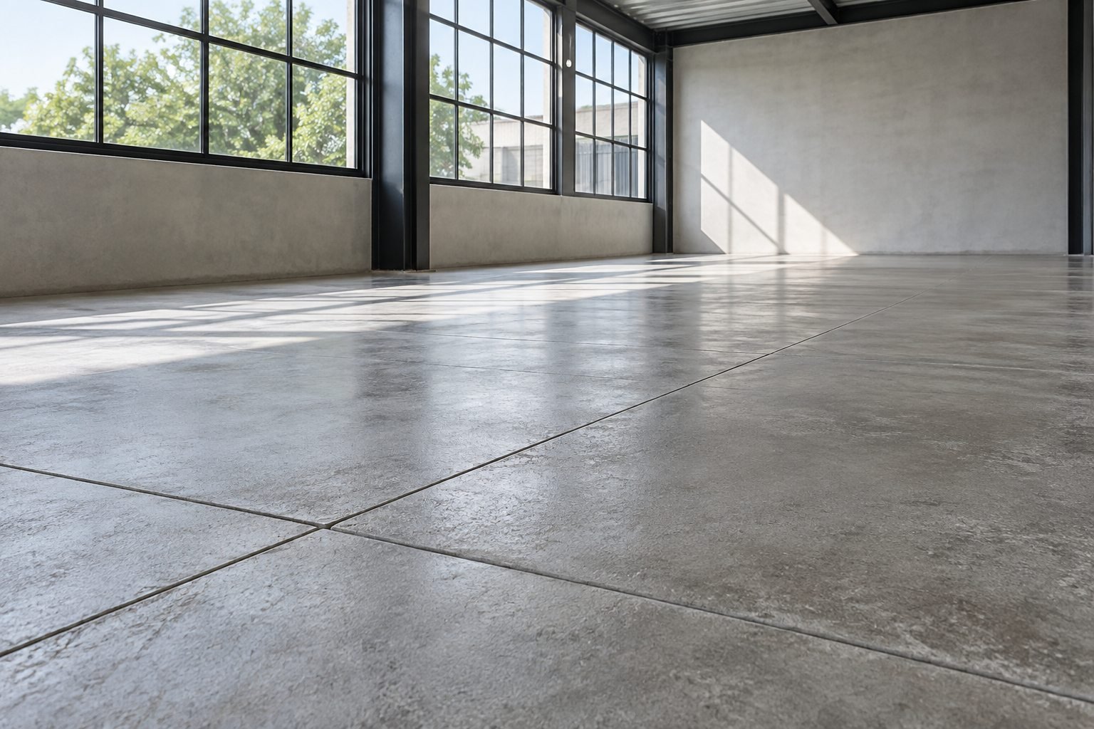 Taller vacío con piso de hormigón reparado
