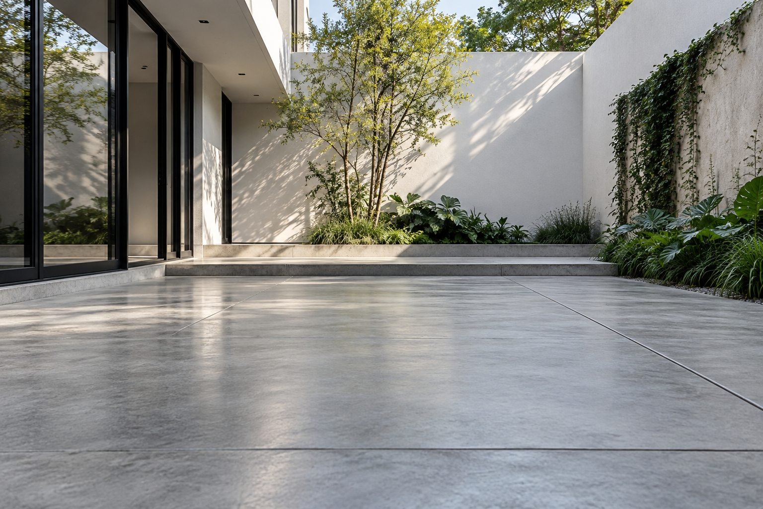 Patio interior con superficie de hormigón liso