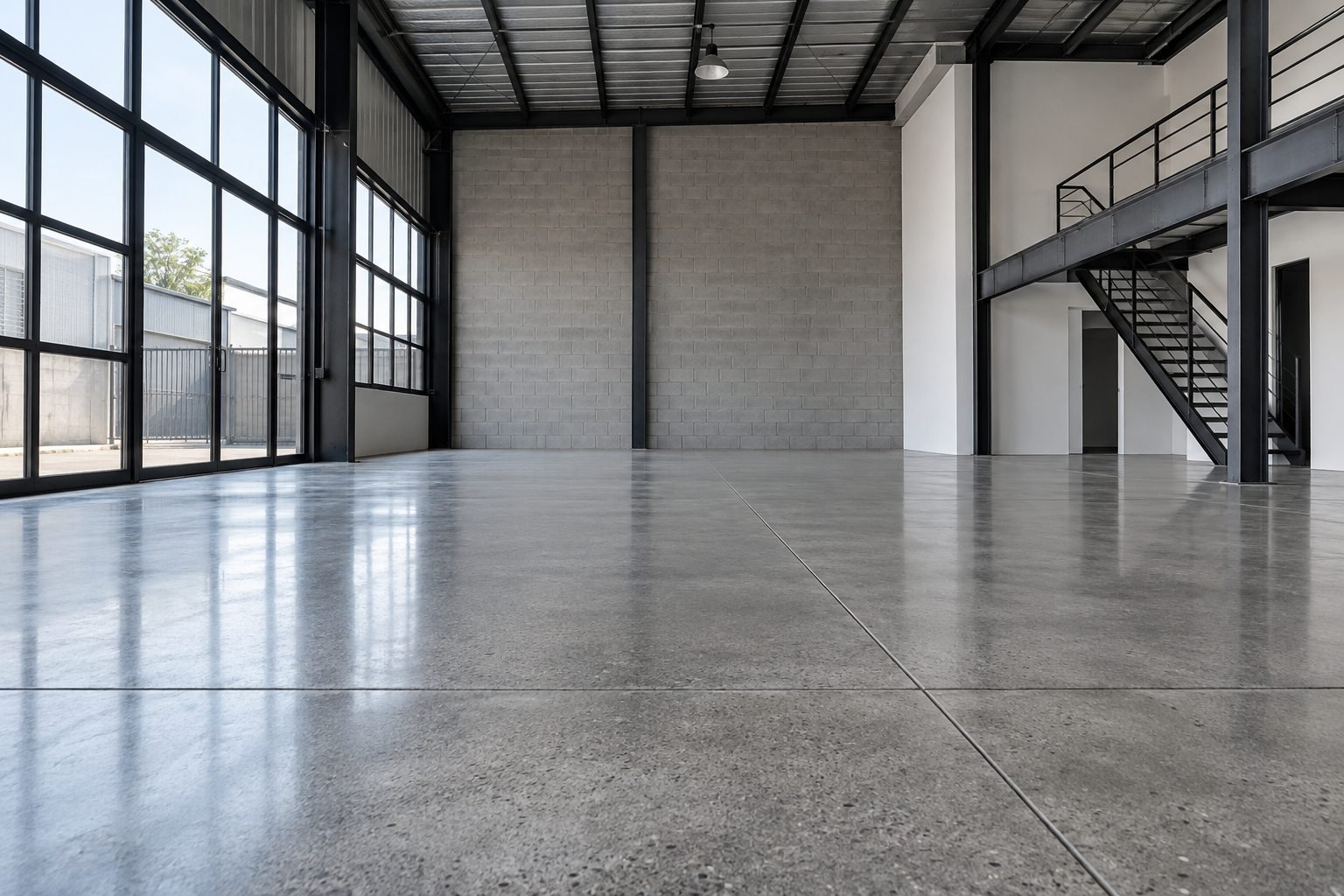 Unidad industrial vacía con piso de hormigón pulido