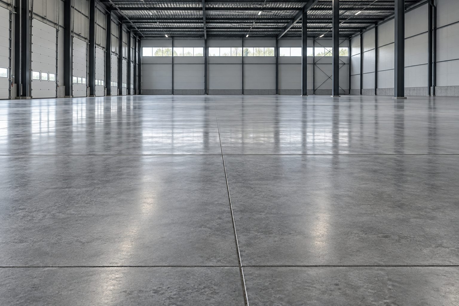 Nave industrial vacía con piso de hormigón y juntas de control