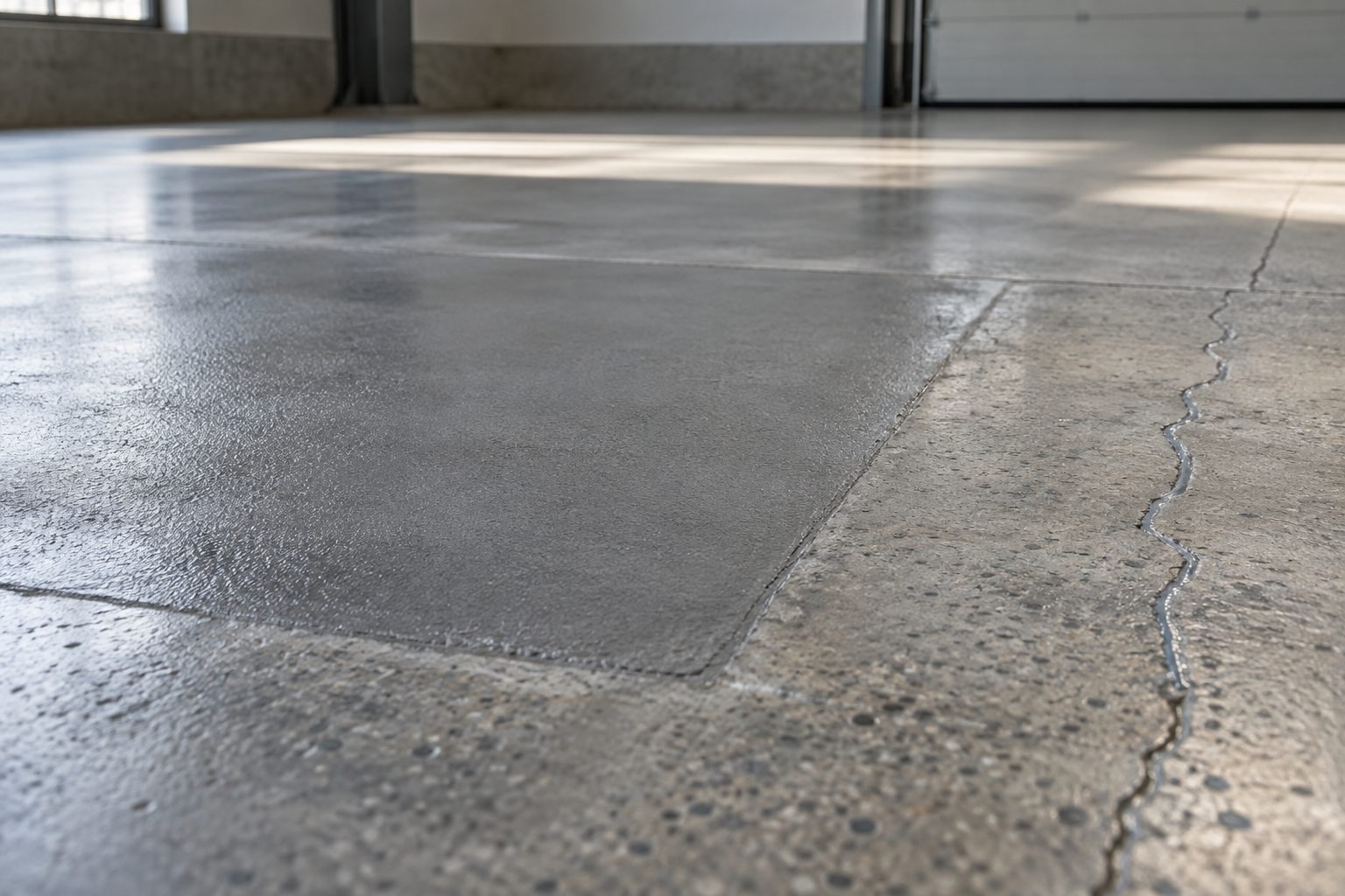 Detalle de una losa de hormigón reparada con fisura sellada